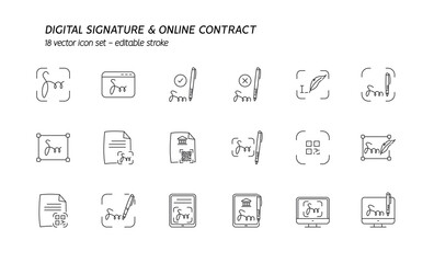 Signing contract with digital pen on phone icons set. Digital signature, business contract, electronic collection, e-signature concept. Vector illustration flat outline icons. Editable stroke