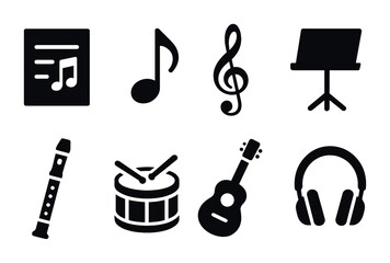 Obraz premium Music education solid icons set – filled style musical instruments and learning symbols for classroom resources: music sheet, note, treble clef, music stand, recorder, drum, guitar, headphones.