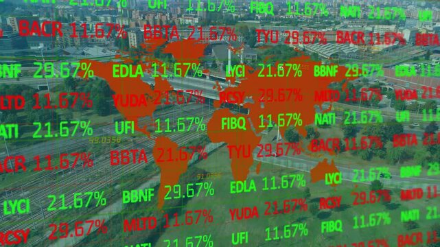 Orange digital world map overlay floating above city rail network with green and red code values
