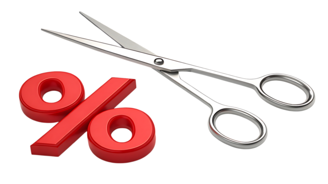 Discount concept: scissors cutting a red percentage sign on transparent background