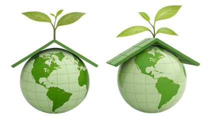 Green earth globe with plant sprout and roof symbolizing eco-friendly living on transparent background