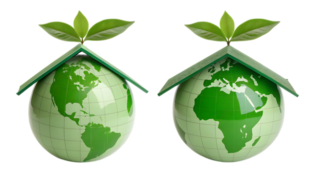 Green globe with plant roof: sustainable earth concept on transparent background