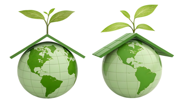 Green earth globe with plant sprout and roof symbolizing eco-friendly living on transparent background