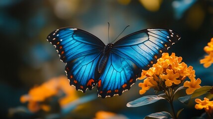 Dazzling morpho butterfly fluttering above a tropical flower iridescent blue wings catching the sunlight macro wildlife photography