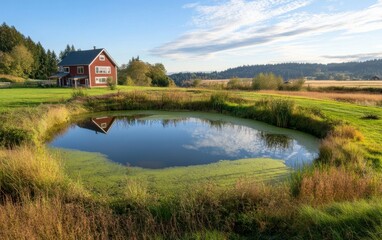 Fototapeta premium Serene Rural Landscape with a Pond and a Red Farmhouse. A Peaceful Countryside Scene. A Tranquil Farm Pond Reflection.
