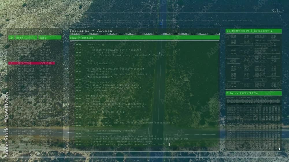 Poster flat design terminal interface being displayed over desert road, showing login table and hex dump