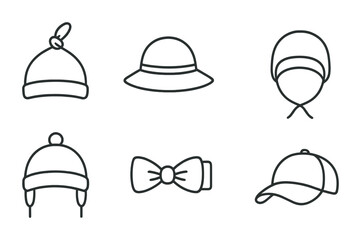 Winter hat outline icon set - line style fashion accessories for seasonal style: beanie, bowler, earflap, bowtie, cap