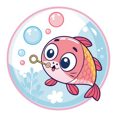 Create a kawaii illustration of a fish playfully biting pastel-colored bait inside a translucent bubble.  Emphasis on cute, rounded features and soft pastel tones.