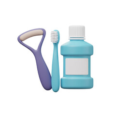 3d Illustration Oral hygiene tools including toothbrush, tongue scraper and mouthwash