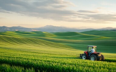 Fototapeta premium Serene Agricultural Landscape at Sunrise, Lush Green Fields and Majestic Mountains