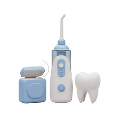 3d Illustration Dental Hygiene Tools Featuring Water Flosser and Tooth