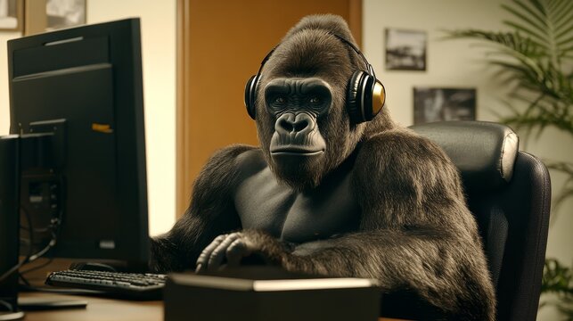 At the office, a monkey with earphones on works with a computer