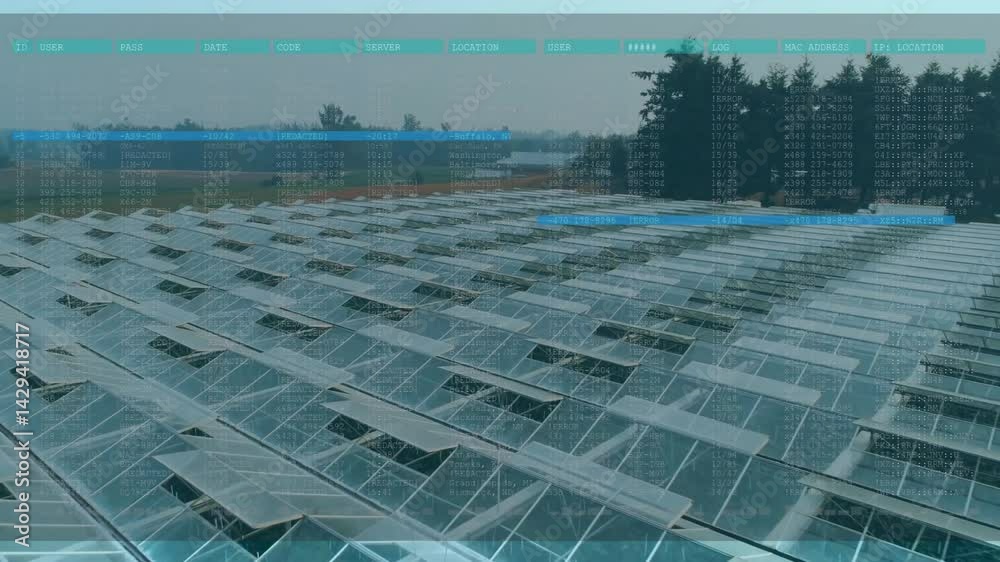 Poster expanding flat design solar farm showing digital overlay displaying code logs and panel rows
