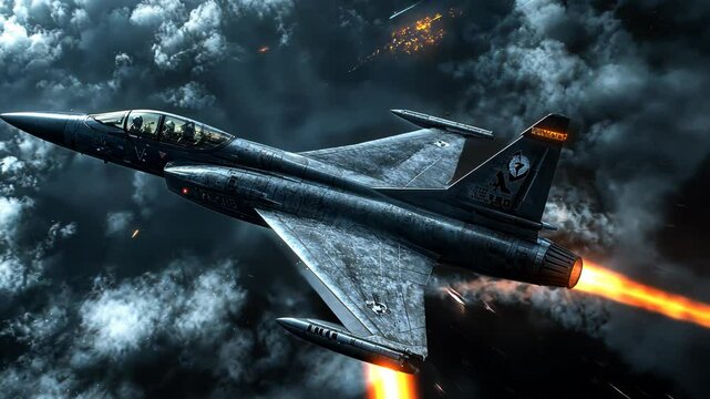 Dark fighter jet soaring through stormy skies.  Engaged in aerial combat.  Powerful jet engine exhaust