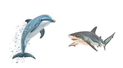 Obraz premium A happy dolphin jumping on the left, a still shark lurking underwater on the right, high realism, isolated on white.