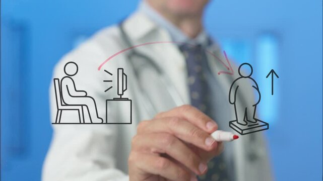 Doctor uses a transparent board to draw and explain the benefits of exercise, emphasizing movement from a sedentary lifestyle to an active one