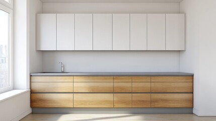 Fototapeta premium Modern minimalist kitchen cabinetry with a light, neutral color scheme.