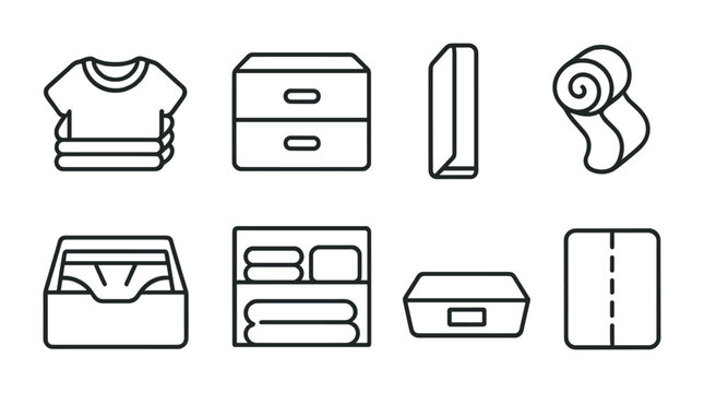 Home organization & storage icons – outline style for tidiness, decluttering, and space management: folded clothes, drawers, towels, rolled-up blanket, underwear, shelf, storage box, closed closet.