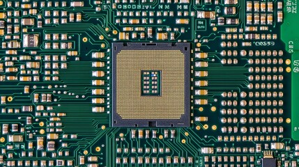 High Resolution Detailed Close Up Green Circuit Board Technology Microchip Electronic Components Computer Hardware Digital Technology Background Image