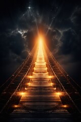 "Epic stairway leading to bright light in dark sky"