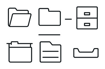 Office file and folder icons set – outline style for organization, storage, and management: document, folder, cabinet, drawer, archive, directory, paperwork.