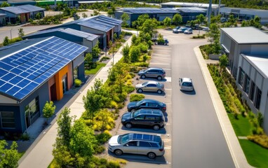 Modern Commercial Buildings with Solar Panels and Ample Parking