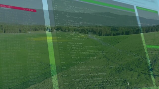 transparent code editor window floating over fields showing red green syntax bars and pivot line