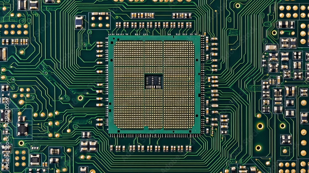 Poster high resolution detailed green circuit board technology microchip central processing unit cpu comput