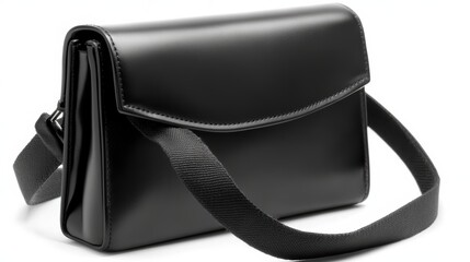 Naklejka premium Sleek black crossbody handbag with clean lines, isolated on white background