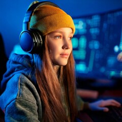 Closeup von einer Gamerin mit einer Beanie und Kopfhörern mit Monitoren im Hintergrund.