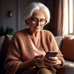 Eine alte Frau sitzt einsam in ihrer Wohnung und versucht, über ein Smartphone zu kommunizieren.