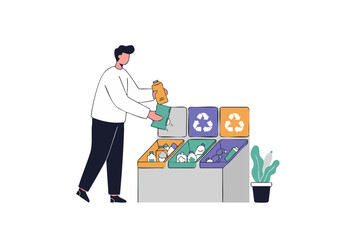 Man sorts waste into recycling bins. Colorful containers for paper, plastic, and glass. Promoting sustainability and environmental responsibility. Clean, modern illustration.