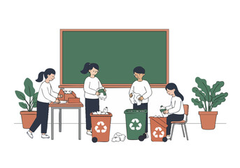 Students sort recycling in a classroom. A clean, modern illustration shows kids separating waste. Perfect for educational materials and eco-conscious themes.
