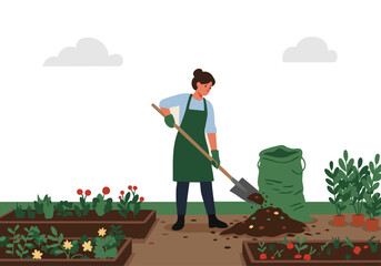 A woman in green gardening gloves and apron digs in a raised garden bed. Lush plants and a bag of compost are visible. Bright, cheerful scene.