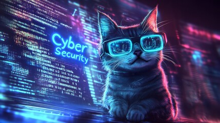 The image of a hacker cat in a dark room, working on a computer with cyber security information on the screen and digital data mirrored in its glasses, represents themes of spying, digital networks,