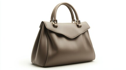 Fototapeta premium Modern taupe shoulder handbag with minimal design, isolated on white background