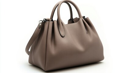 Naklejka premium Modern taupe shoulder handbag with minimal design, isolated on white background