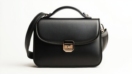 Sleek black crossbody handbag with clean lines, isolated on white background