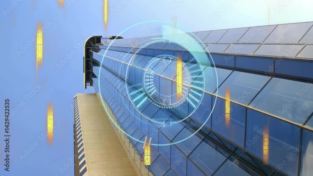 Poster reflective skyscraper displaying circular hud overlay while projecting vertical yellow data bars