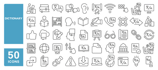 Set of 50 line icons related to dictionary, language, translation, bilingual, books, foreign, pronunciation, verbal, grammar, vocabulary, Editable stroke. Vector illustration