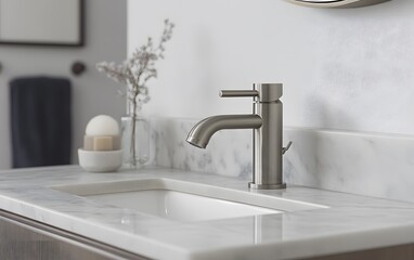 Modern Brushed Nickel Bathroom Faucet on Marble Vanity