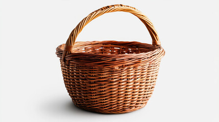 A wicker gift basket is displayed against a white backdrop, with a clipping path included for isolation