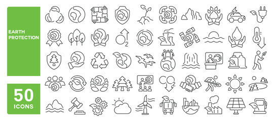 Set of 50 line icons related to earth protection, environmental, ecology, sustainable, reduce emissions, pure nature, save energy, green globe, Editable stroke. Vector illustration