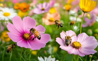 Fototapeta premium Honeybees on Beautiful Pink Cosmos Flowers in a Garden