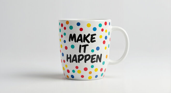 White coffee cup with colorful dots and the phrase Make it happen, side view