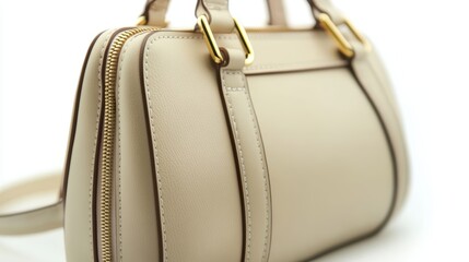 Minimalist beige leather handbag with gold zipper, isolated on white background