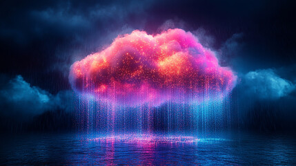 A glowing digital cloud releases streams of data like futuristic rain symbolizing the seamless flow of information connectivity cloud storage and the evolution of cloud computing technology

