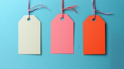 Vibrant Top-Down View of Three Colorful Blank Tags on Twine, Arranged Horizontally Against Bright Light-Blue Background, Featuring Matte Textured Cardboard and Twisted Rustic Twine