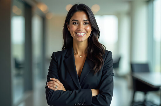 businesswoman smiling in modern office environment. international workers day