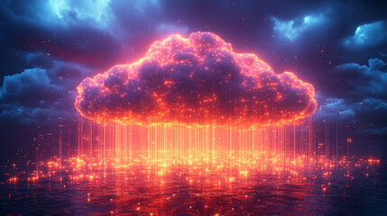 Fototapeta premium A glowing digital cloud releases streams of data like futuristic rain symbolizing the seamless flow of information connectivity cloud storage and the evolution of cloud computing technology